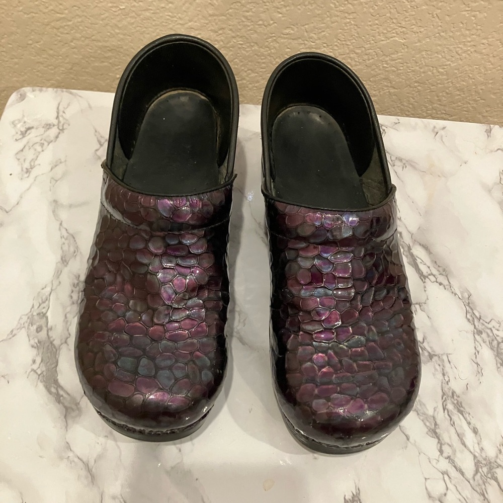 Iridescent Dansko Clogs with Textured Design